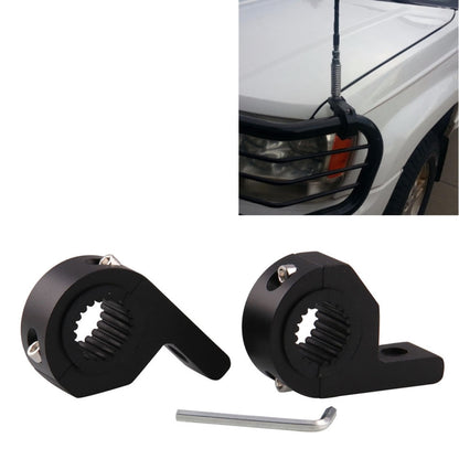 Black universal spotlight fixed clip bracket mounted to vehicle guardrail