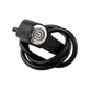 Black handlebar switch housing with round silver power button and looping black cable