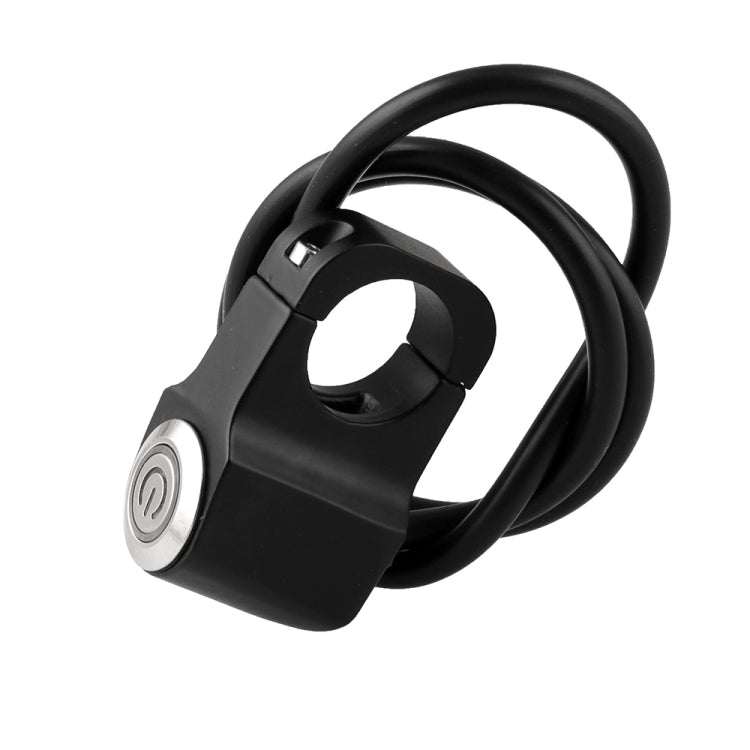 Black handlebar clamp switch with circular silver power button and thick black wire