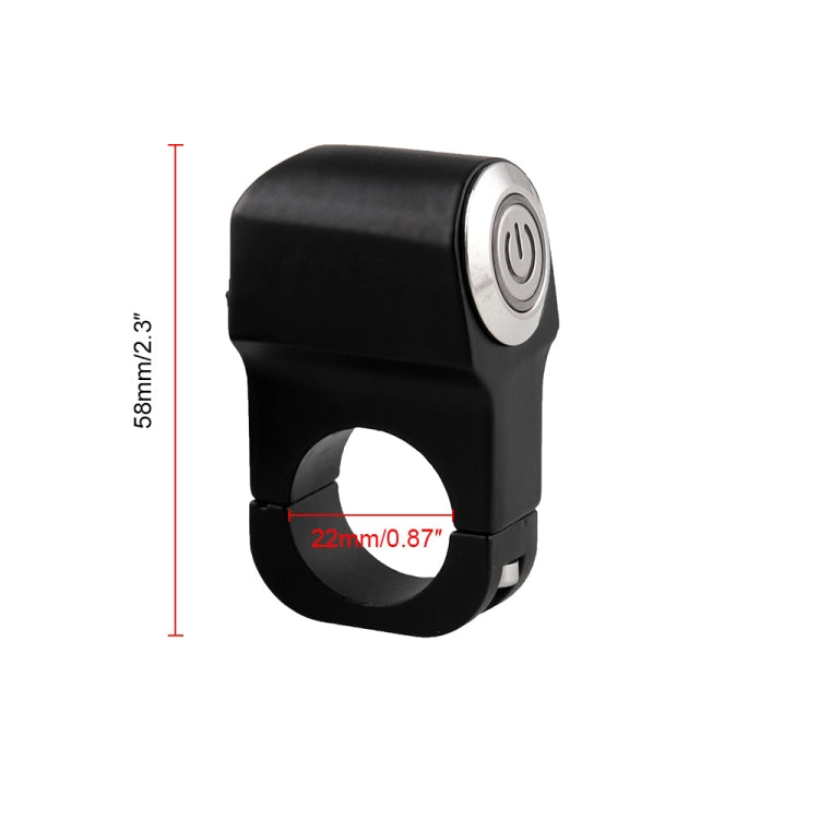 Black 22mm handlebar mount power switch with round silver button; size diagram
