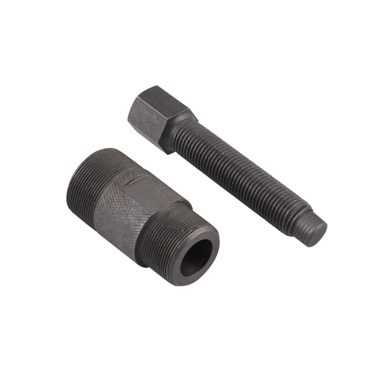 Motorcycle flywheel magneto stator puller tool, threaded steel with hex drive and cap.