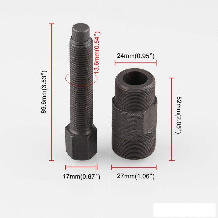 Threaded puller tool with hex bolt and cylindrical sleeve, measured dimensions shown.