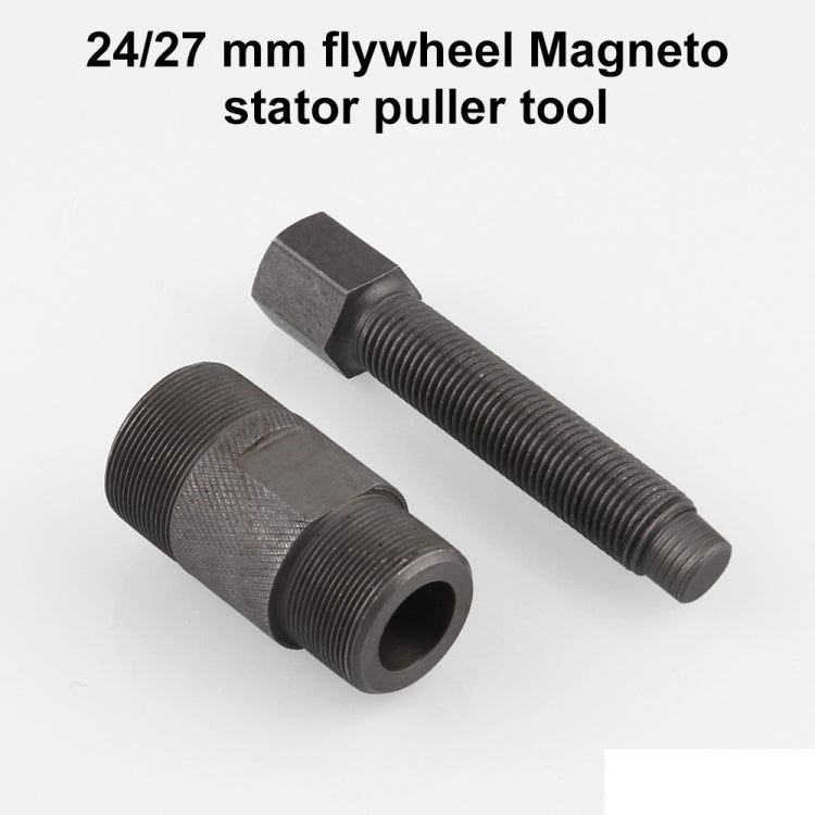Motorcycle flywheel magneto stator puller tool, two threaded parts with hex ends.