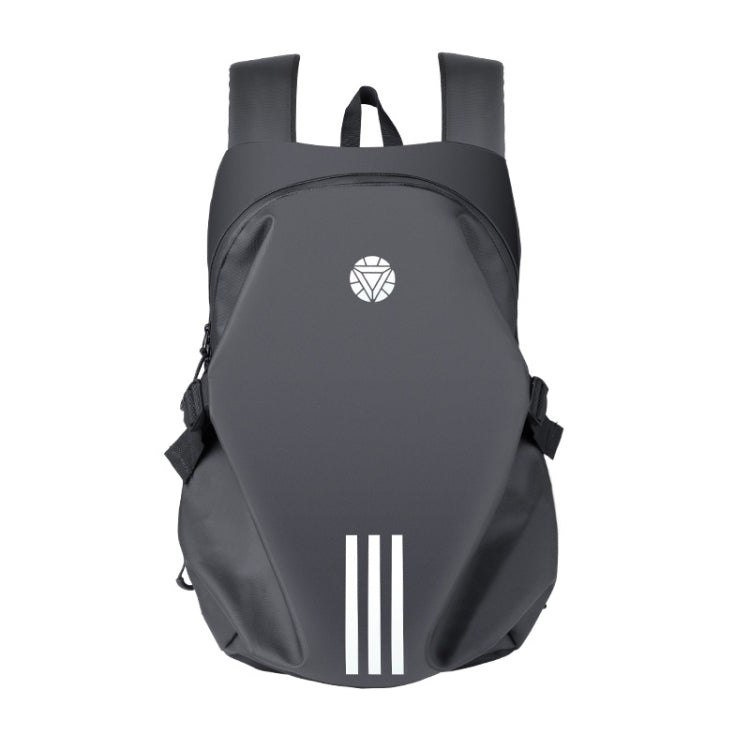 Dark gray motorcycle rainproof backpack with reflective triple stripes and side straps