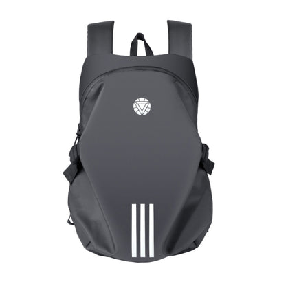 Dark gray motorcycle rainproof backpack with reflective triple stripes and side straps