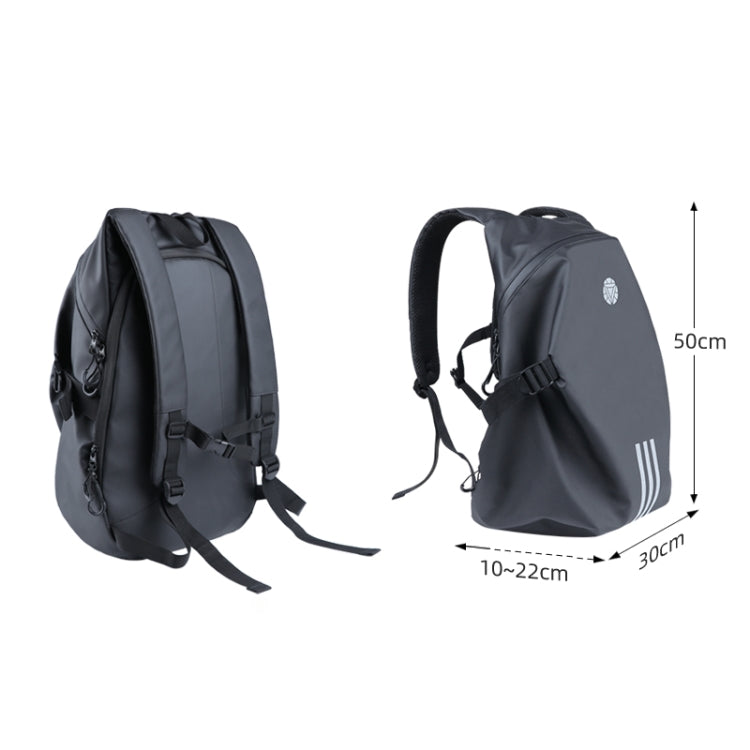 Dark gray motorcycle backpack with helmet compartment, front straps, size dimensions