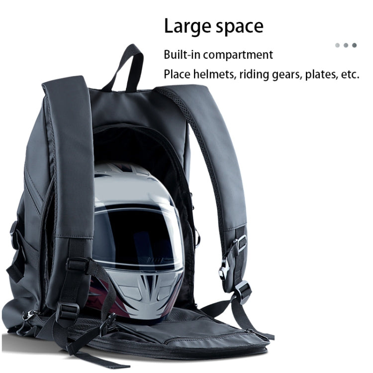 Dark gray motorcycle backpack with open helmet compartment and adjustable shoulder straps