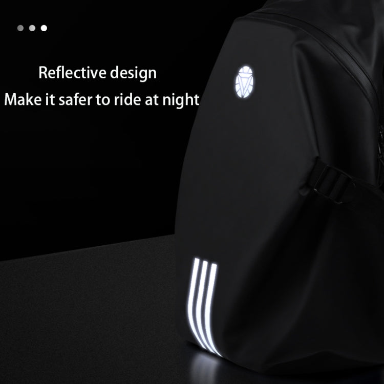 Dark gray motorcycle backpack with reflective logo and triple light stripes on side