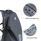 Dark gray motorcycle backpack with waterproof zipper seal, water droplets, reflective stripes