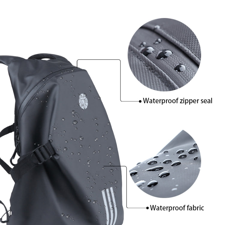 Dark gray motorcycle backpack with waterproof zipper seal, water droplets, reflective stripes