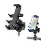 Black phone holder bracket with ball head, eight-jaw clamp, and handlebar mount