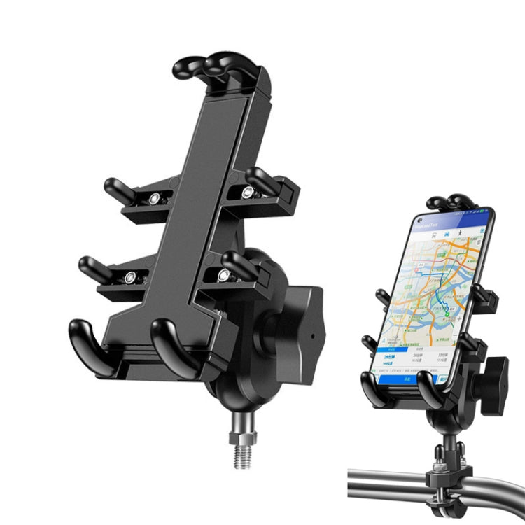 Black phone holder bracket with ball head, eight-jaw clamp, and handlebar mount