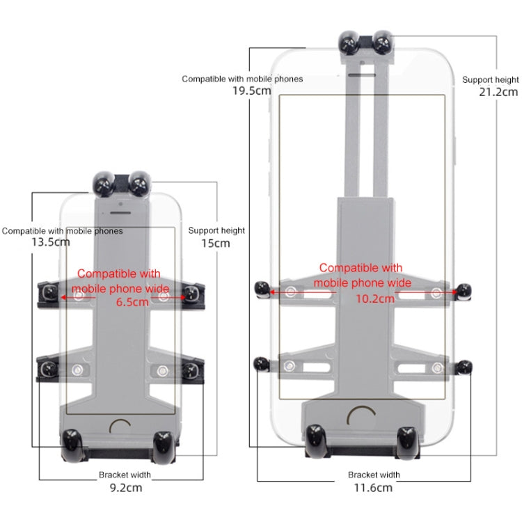 Phone mount bracket with adjustable arms and compatibility size layout for mobile phones