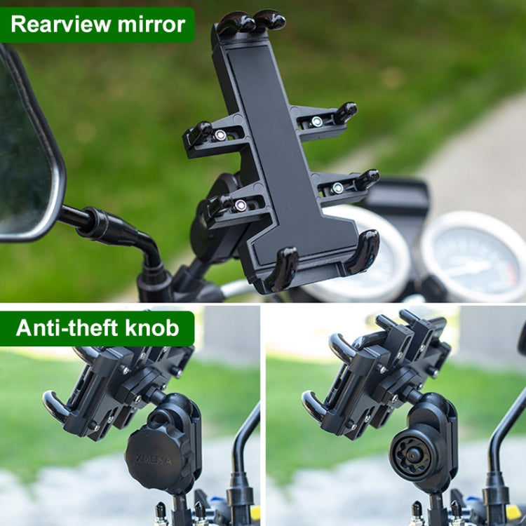 Motorcycle phone holder bracket with anti-theft knob and rearview mirror-style mount