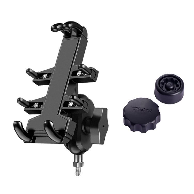 Black aluminum motorcycle phone mount with eight-jaw clamp and anti-theft knob caps
