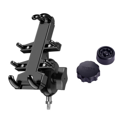 Black aluminum motorcycle phone mount with eight-jaw clamp and anti-theft knob caps