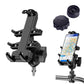 Black motorcycle phone mount holding a smartphone, with eight-jaw clamp and anti-theft knob