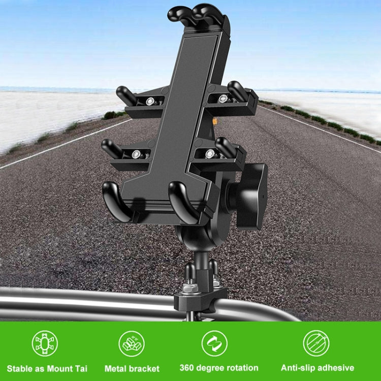 Black motorcycle phone navigation mount with eight-jaw clamp and ball-head adjustment