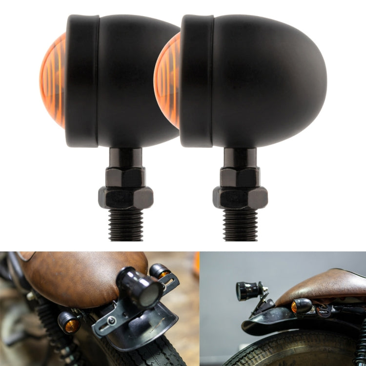 Pair of black motorcycle LED turn signal lights with amber lens and threaded mounts