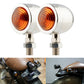 Pair of silver motorcycle LED turn signals with amber lenses and threaded stems