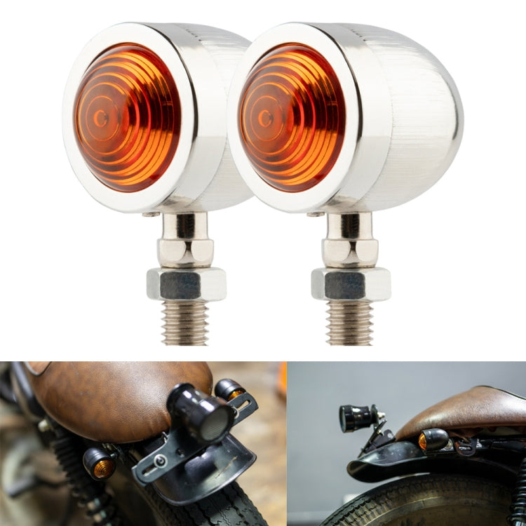 Pair of silver motorcycle LED turn signals with amber lenses and threaded stems
