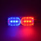 Dual-color strobe tail light glowing blue left and red right in clear rectangular housing