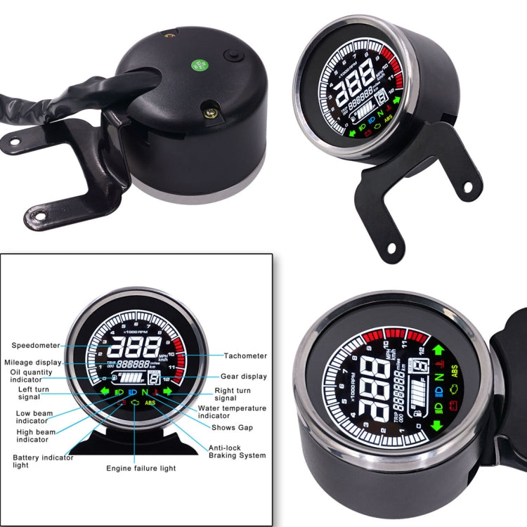 LED motorcycle digital meter set with round gauge faces and black mounting brackets