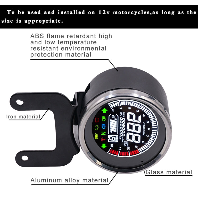LED motorcycle digital meter with labeled components and silver bezel ring
