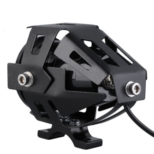 Black LED projector headlamp with metal mounting tabs and twin adjustment bolts