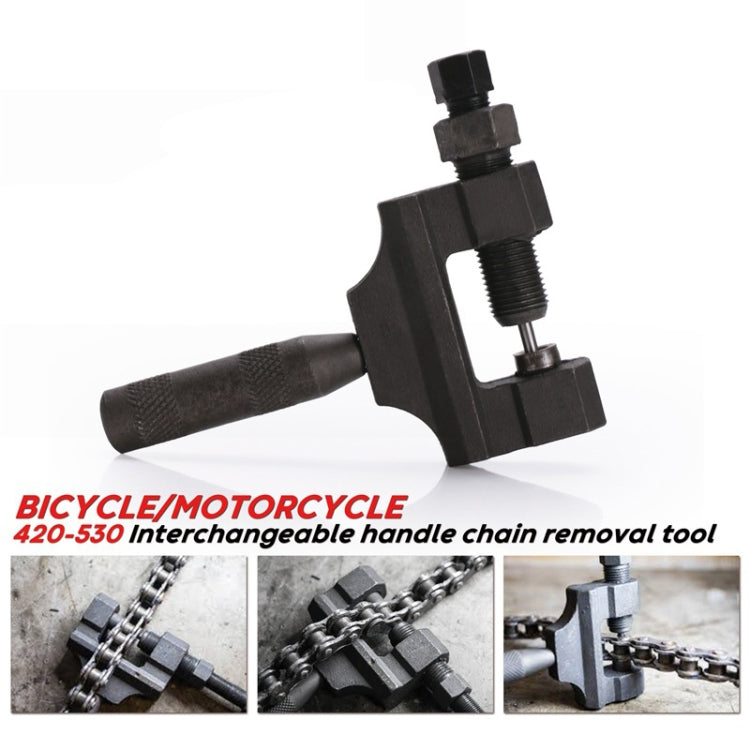 Black chain removal press tool with textured handle and threaded screw clamp