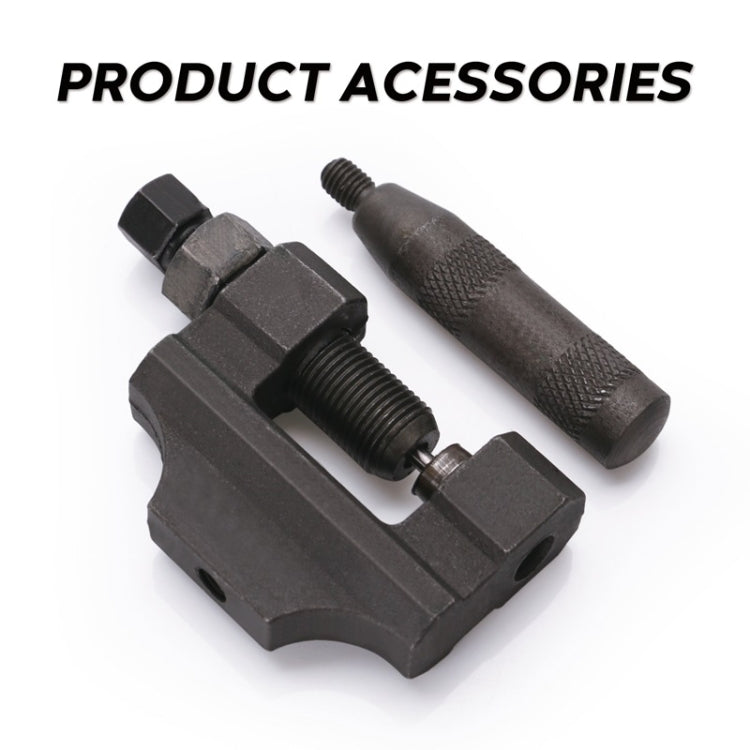 Black chain removal accessory tool with threaded pin, clamp block, and textured handle