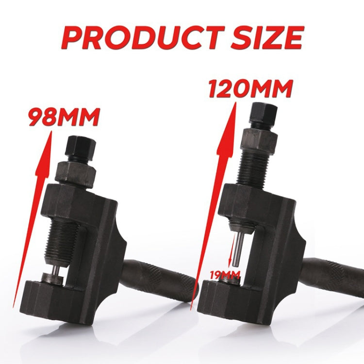 Black chain removal tool in side view with threaded screw and textured grip handle