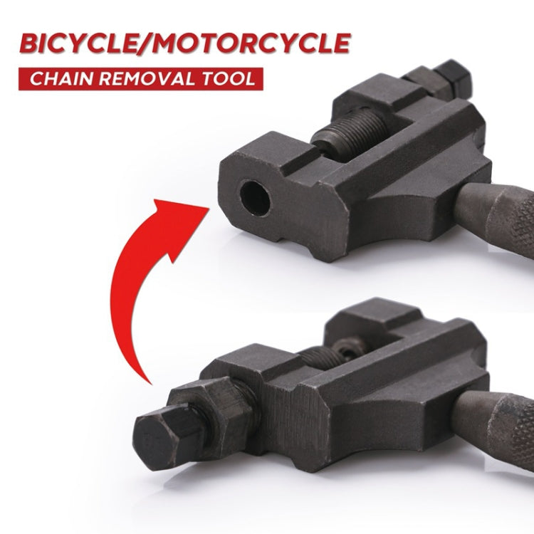 Black chain removal tool with hinged clamp blocks and threaded screw mechanism