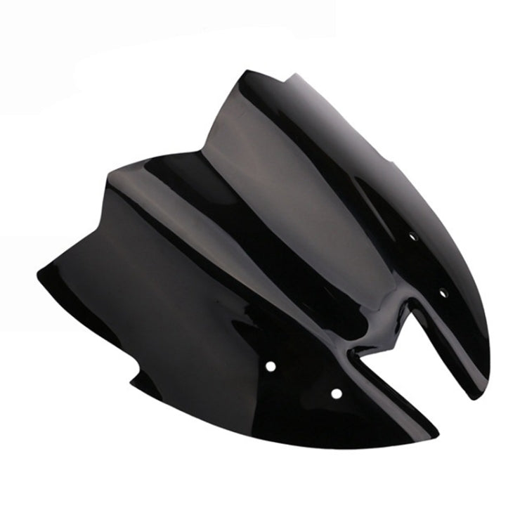 Black motorcycle front windshield with mounting holes, curved cutout shape
