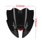 Black motorcycle front windshield with 312mm width and 131.8mm height markings