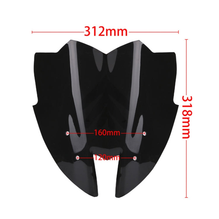 Black motorcycle front windshield with 312mm width and 131.8mm height markings