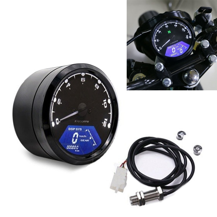 Retro motorcycle LCD odometer gauge with blue display and wiring connector, black bezel