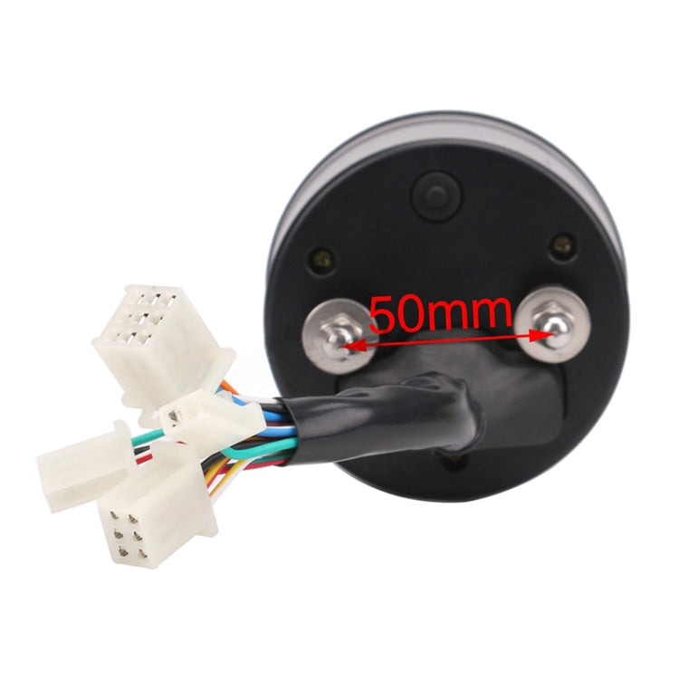 Back of round black odometer gauge with wiring harness and mounting posts, 50mm span