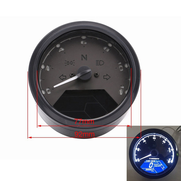 Round odometer gauge with size markings 92mm by 77mm and blue LCD display