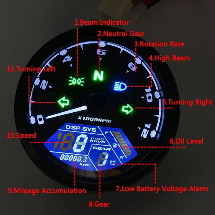 Motorcycle LCD odometer display with gear, neutral, and turn indicator icons