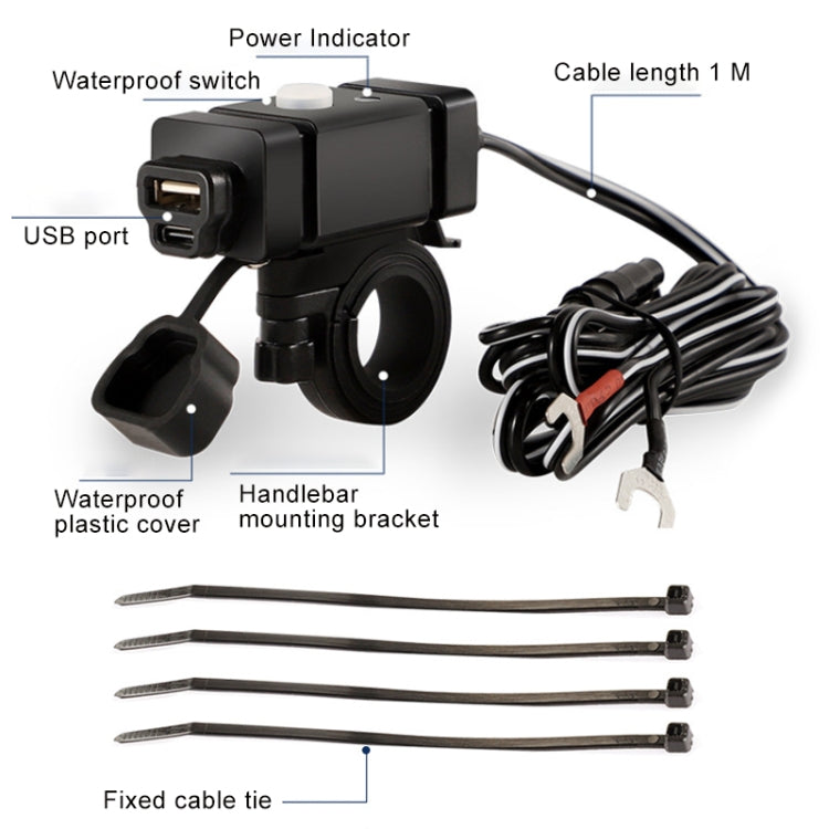 Black motorcycle phone charger kit with handlebar bracket, waterproof switch, 1m cable, indicator.