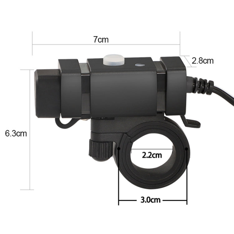Black motorcycle phone charger with clamp mount; compact size shown with measurements.