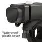 Black motorcycle phone charger with waterproof plastic cover over charging ports and clamp mount.