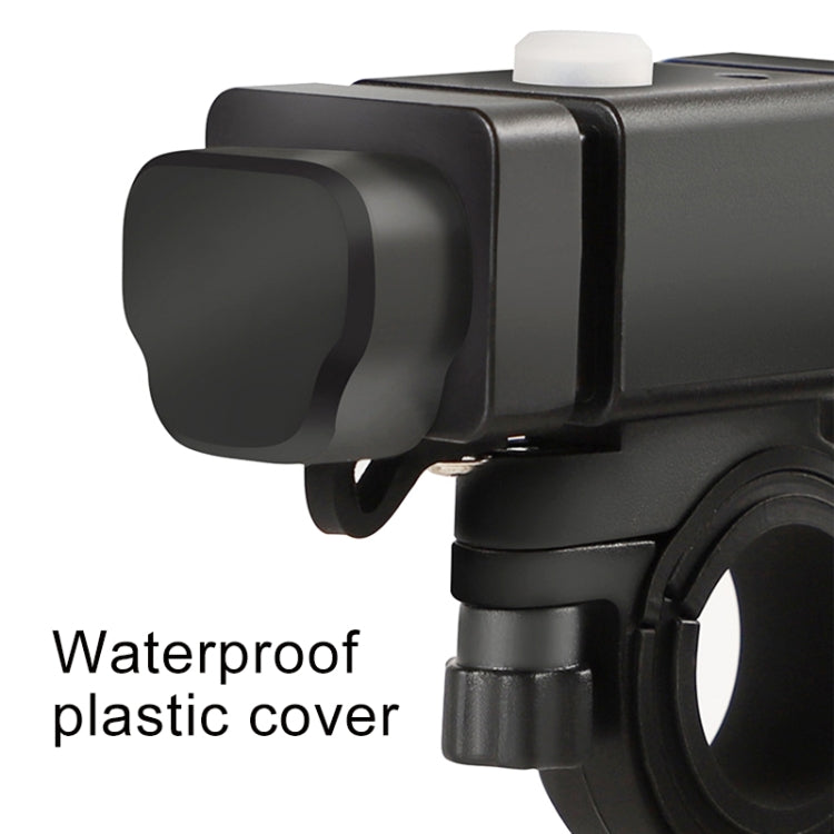 Black motorcycle phone charger with waterproof plastic cover over charging ports and clamp mount.