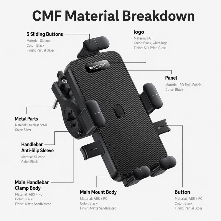 Black handlebar mount phone holder with four silicone grip arms and slide buttons