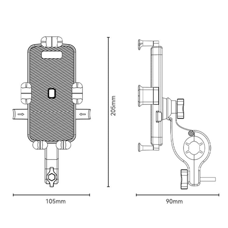Handlebar phone holder technical line drawing with clamp base and side supports