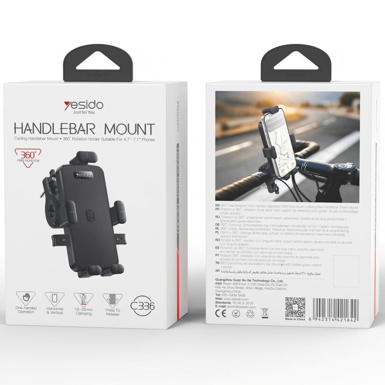 Yesido C336 handlebar mount phone holder retail box, front and back views
