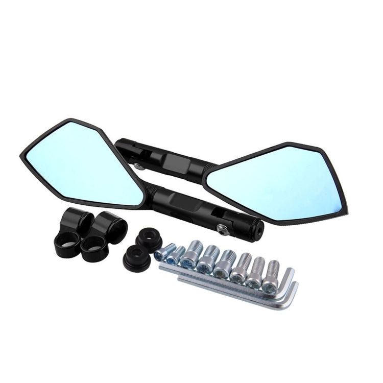 Black motorcycle rearview mirrors with blue reflective lenses and mounting hardware