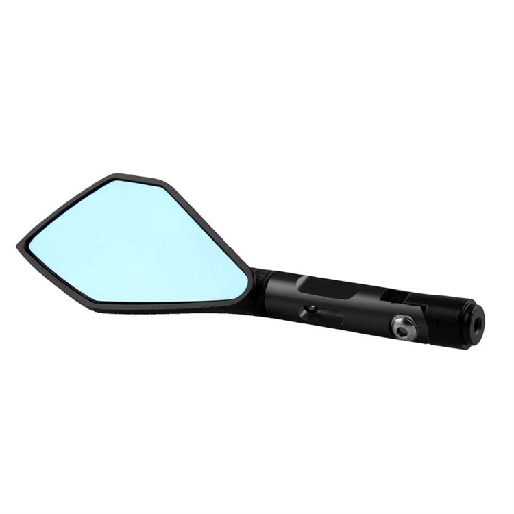 Black motorcycle rearview mirror with blue reflective lens and slim mounting bar