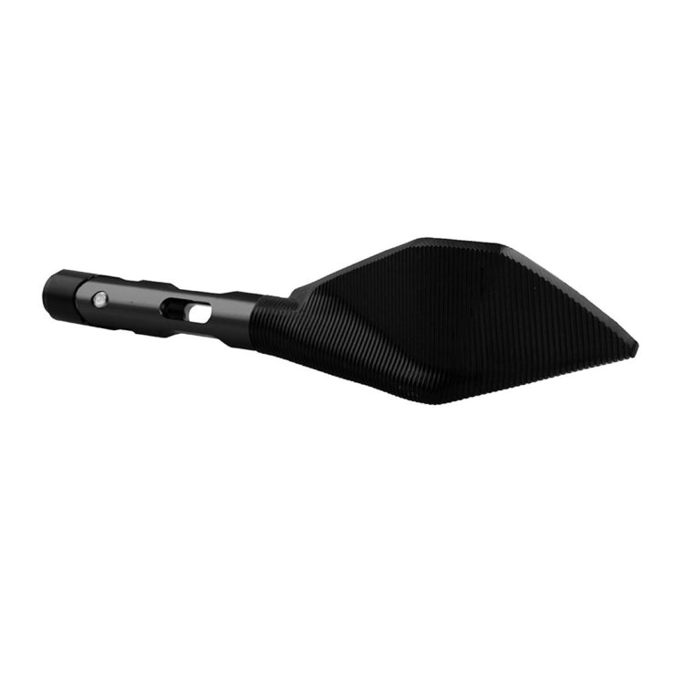 Black motorcycle rearview mirror with ribbed housing and slim mounting bar